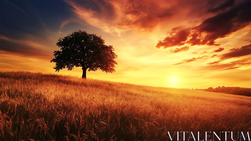 Solitary deciduous tree on sunlit wheat field at vivid sunset