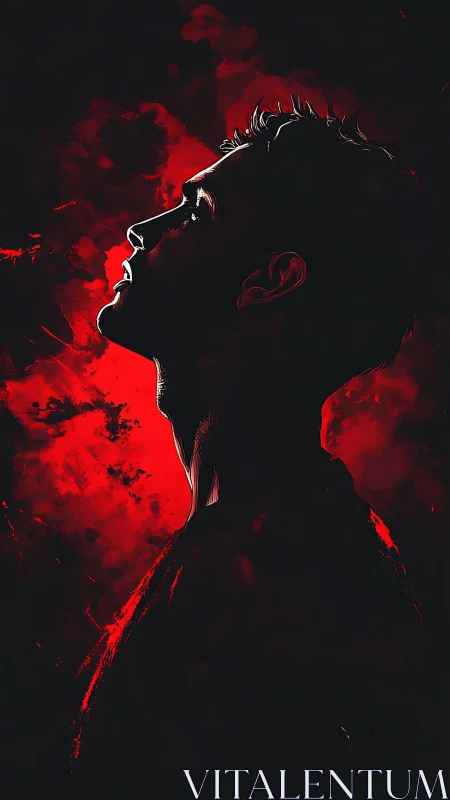 Male profile silhouette against intense red abstract sky.