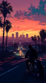 Motorcyclist overlooks neon city at vivid sunset skyline.