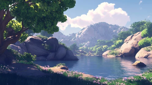 Sunlit mountain cove cradling a mirror-still blue lake.