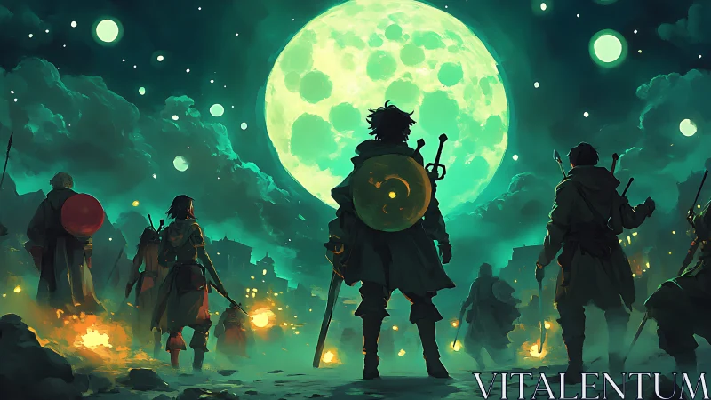 Group of armed figures stands before large luminous moon