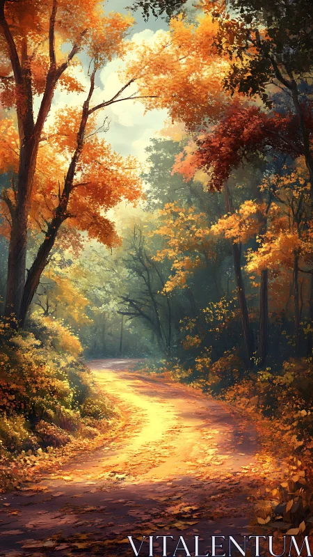 Forest pathway with autumn foliage and golden lighting