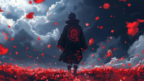 Lone cloaked figure walks through scarlet field under storm clouds