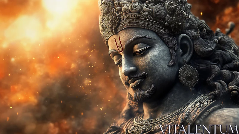 Divine stone deity portrait glows against fiery cosmic haze