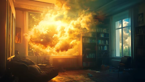 Sunlit cloud drifting through a quiet, book filled room.