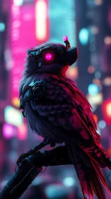 Neon-drenched cyber crow perches as the city’s quiet scout