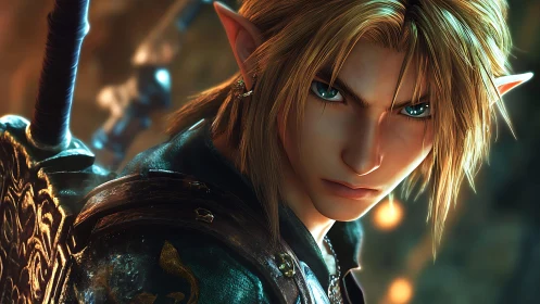 Elven swordsman rendered in high-fidelity 3D character closeup.