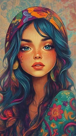 Colorful digital portrait of girl with floral headscarf.