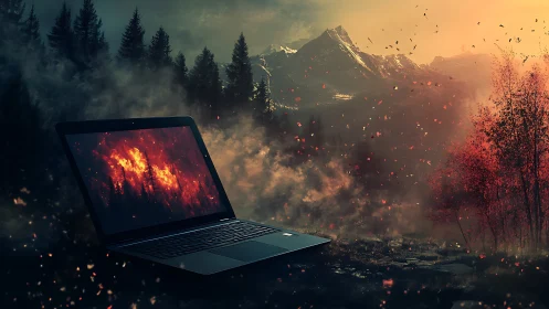 Laptop visualizing wildfire data in alpine forest environment.