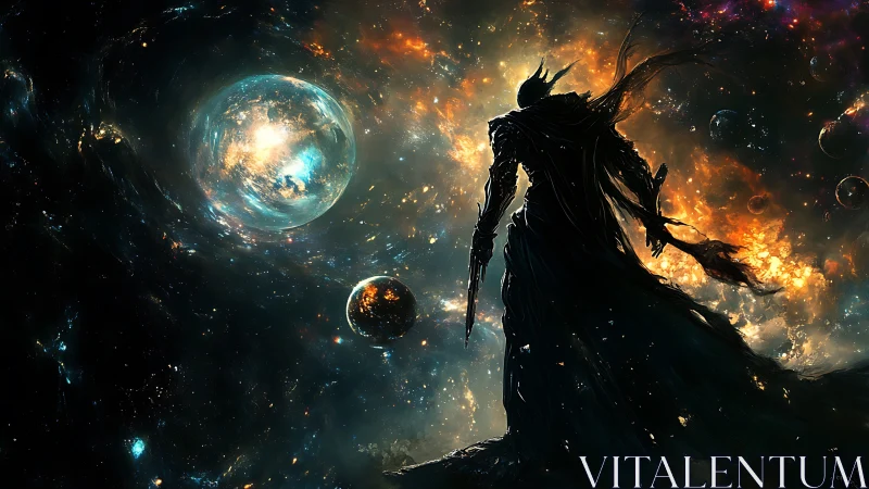 Silhouetted armored figure stands before luminous cosmic spheres