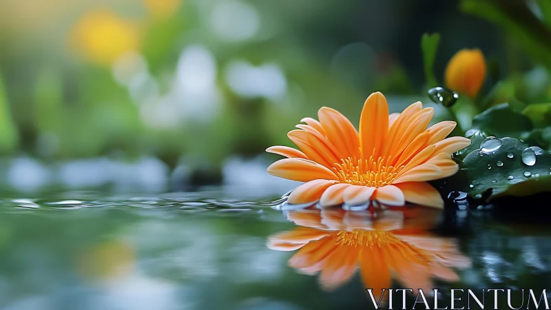 Orange daisy flower rests on water surface and reflects clearly