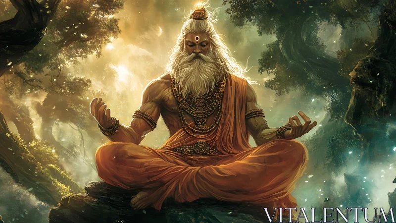 Forest sage in golden meditation beneath glowing canopy.