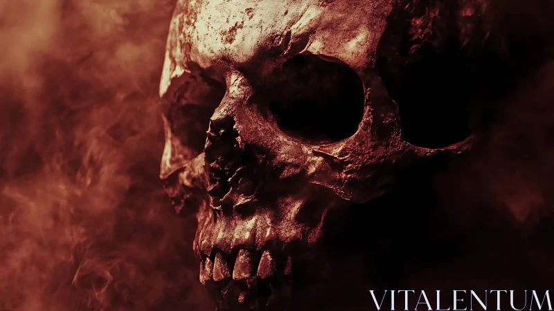 Human skull rendered in red light surrounded by smoky haze