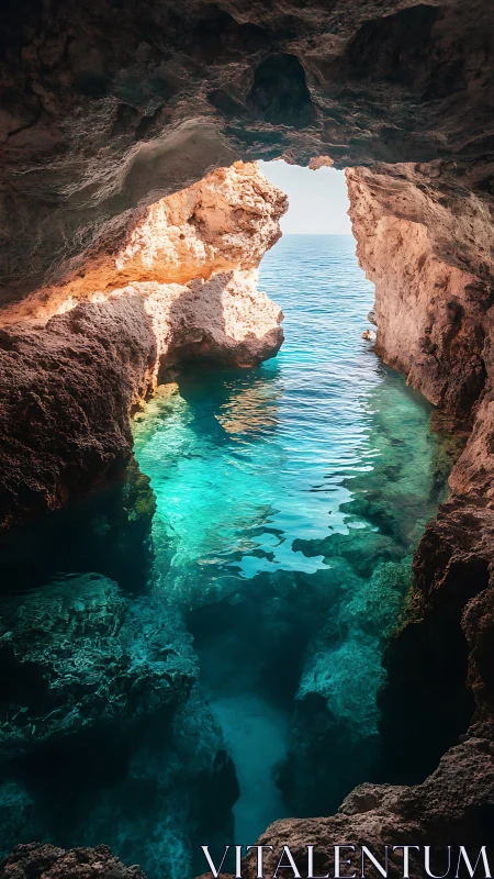 Sea cave pool with turquoise water and sunlit rocks.