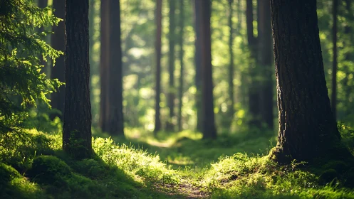 Sunlit forest path with tall trees in serene natural style.