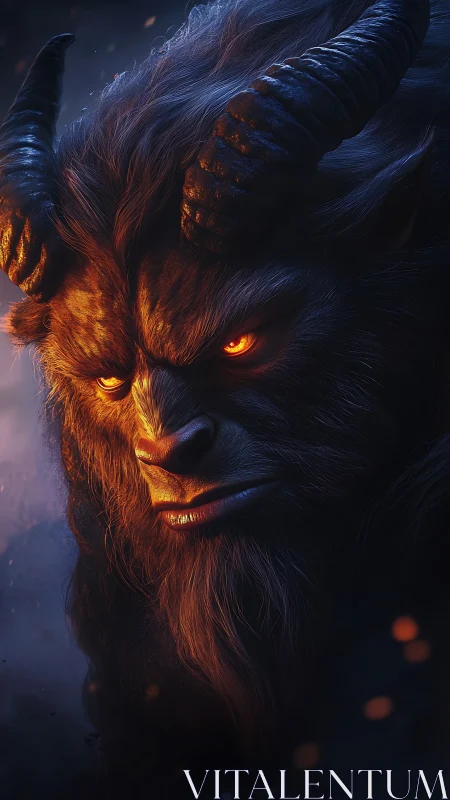 Horned fire-eyed beast emerges from shadowy ember haze