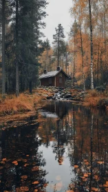Remote forest cabin by calm autumn river reflection.