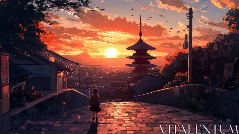 Anime sunset street with pagoda and cinematic perspective.