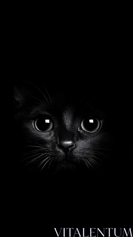 Black Cat Intense Gaze Against Dark Background.
