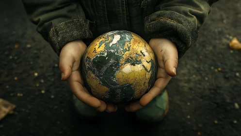 Child’s dirty hands securely hold a small detailed globe