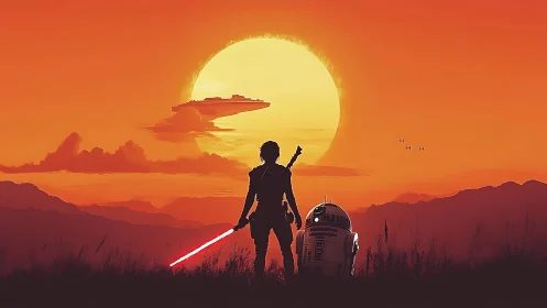 Silhouetted figure and droid observe spacecraft at sunset