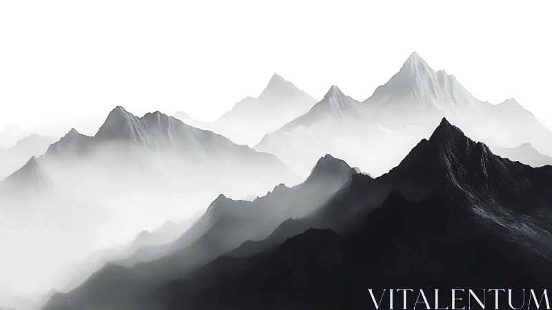 Monochrome mountain ridges layered in atmospheric mist study.