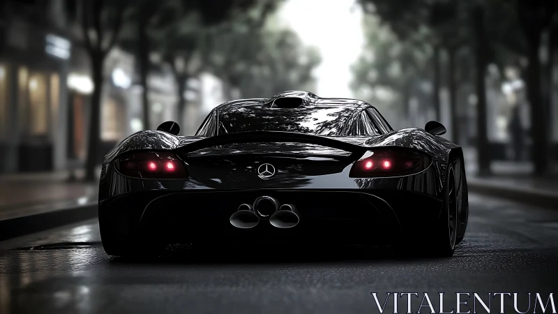 Midnight hypercar rear view on wet urban boulevard.