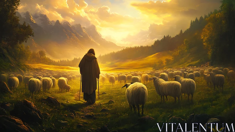 Shepherd walks among glowing sheep in golden mountain valley.