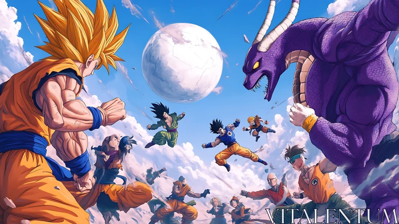 Multiple airborne fighters confront large horned creature