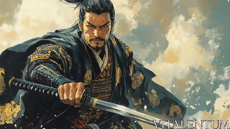 Samurai warrior lunges forward in dynamic digital brushwork.