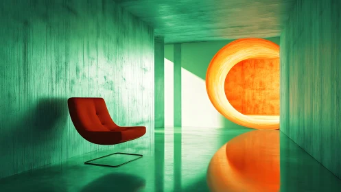 Minimalist Interior with Glowing Orange Portal and Red Chair.