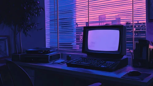Retro CRT workstation glows under magenta-blue dusk window light