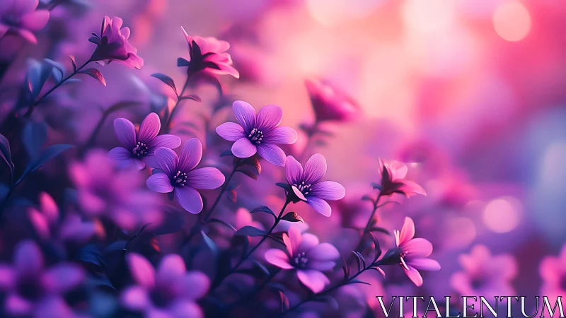 Purple Flowers Bloom in Soft Focus Garden Light.