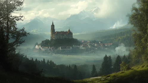 Misty mountain castle above valley town at sunrise.