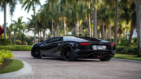 Midnight black supercar poised on tropical driveway.