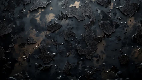 Textured black metallic surface with peeling abstract coating.