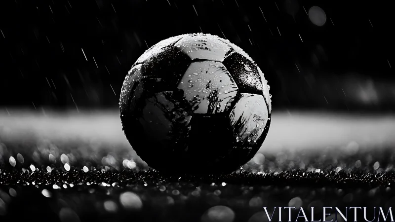 Monochrome football under rain captures dramatic surface detail