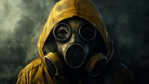 Hooded survivor studies the toxic hush through glass and rubber