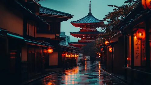 Traditional pagoda street at dusk with wet reflective path.