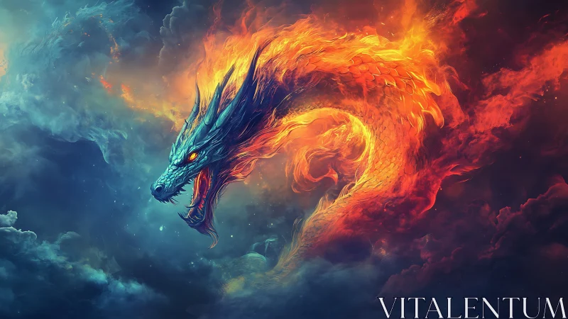 Fiery serpentine dragon formed from clouds and flames.