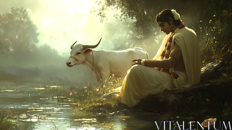 Gentle riverbank moment where woman and white cow rest softly