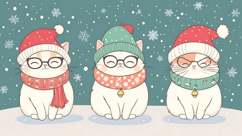 Three Cozy Winter Cats Wearing Holiday Hats and Scarves