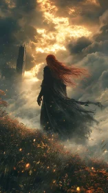 Stormlit wanderer before burning sky and distant spire.