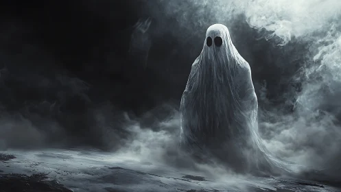 Ghostly shrouded figure emerges from swirling midnight fog.