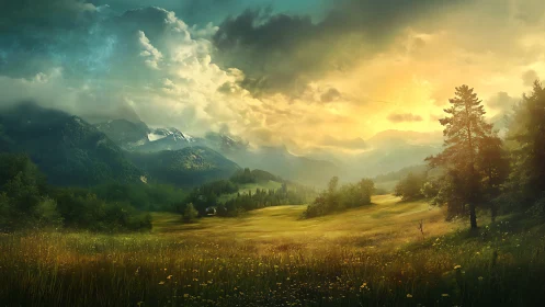 Sunlit mountain valley with trees, wildflowers, and clouds.