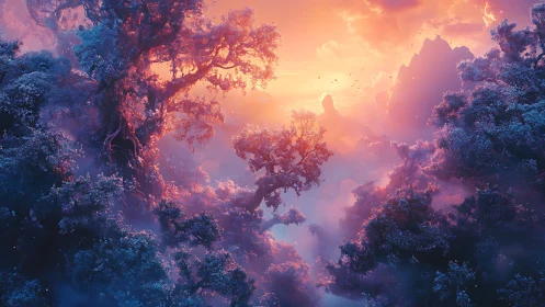 Mystical Forest Landscape with Luminous Sky and Mist.