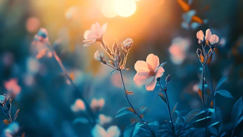 Backlit wildflowers stand in shallow focus under warm light