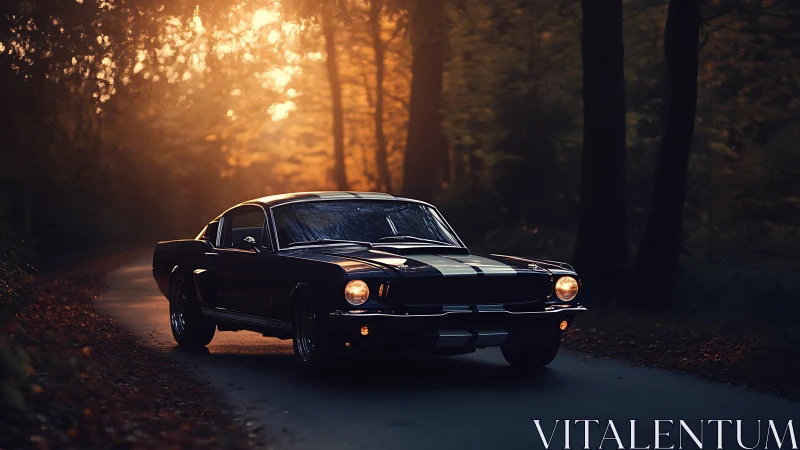 Photorealistic classic fastback on dusk forest roadway.