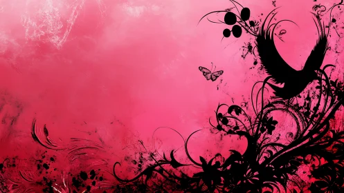 Silhouetted bird and florals on grunge magenta gradient field.