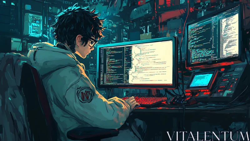 Midnight coder bends neon light into cascading algorithms.